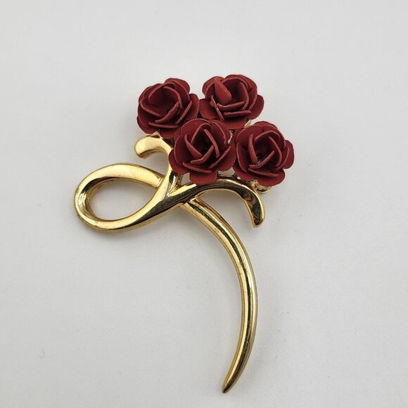 Vintage Gold Tone Red Rose Bouquet Brooch - Picture 1 of 4